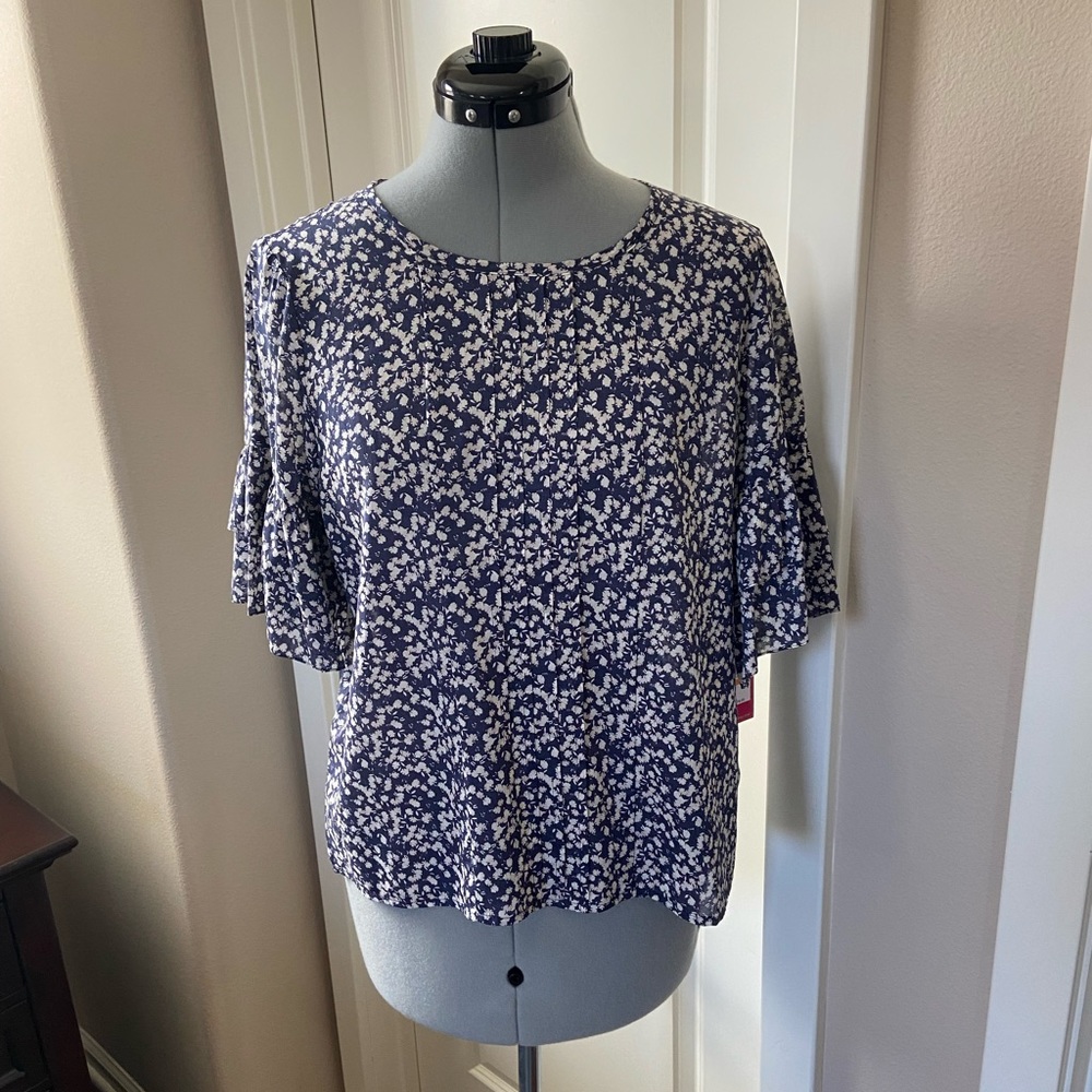 Vince Camuto Floral Print Blouse, Navy & White, Size S